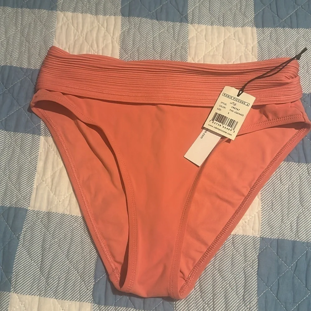 NWT Robin Piccone Lily Banded High Waist Bikini Bottoms Pink Lemonade